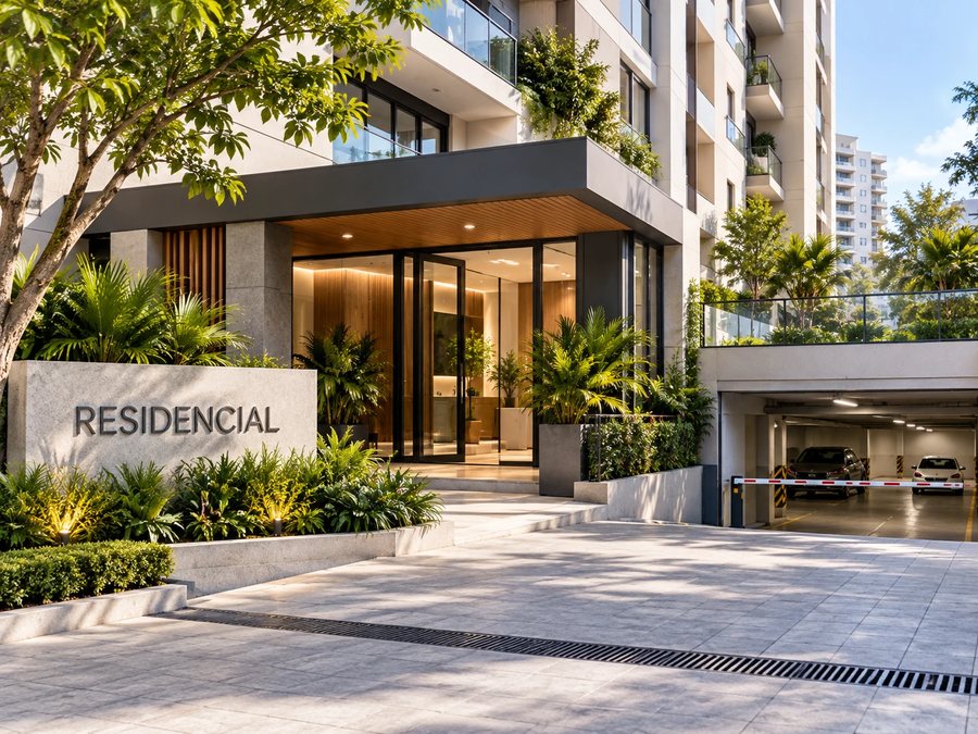 Entrada de prédio residencial com garagem